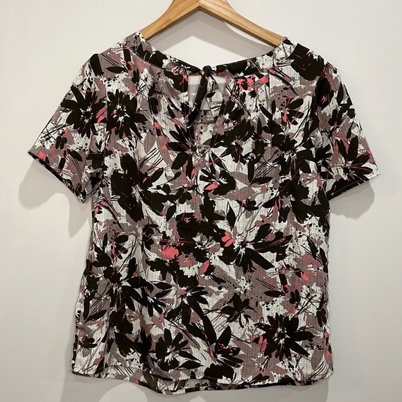 Japna Brown Pink Multi Colored Abstract Floral Short Sleeved Blouse Top Sz M - Picture 5 of 10